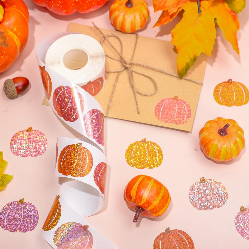 Whaline Fall Thanksgiving Pumpkin Stickers Roll Laser Pink Orange Pumpkin Shape Seal Stickers Waterproof Self-Adhesive Decals for Envelope Scrapbook Autumn Party Supplies, 500 Pcs - Image 3
